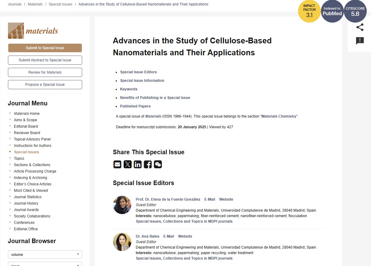 Special Issue "Advances in the Study of Cellulose-Based Nanomaterials and Their Applications" en Materials